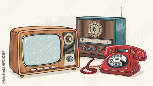 Vintage electronics set with retro tv radio and telephone on a plain background nostalgic illustration