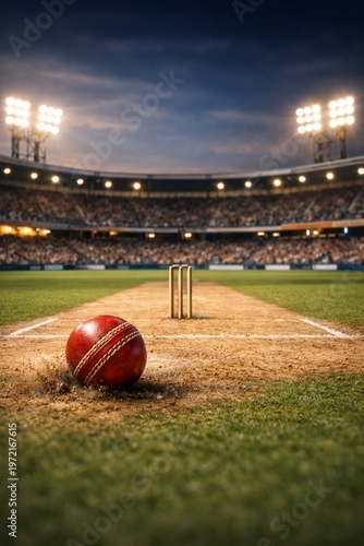 Red leather cricket ball bouncing on a stadium pitch under floodlights