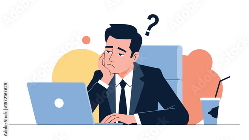 Businessman sitting at his laptop looking confused and rubbing his chin with a question mark above his head for problem solving.