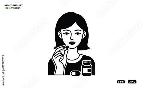 A woman taking a pill with a glass of water and a bottle of supplements