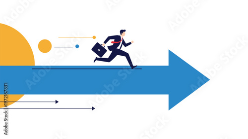 Motivated businessman in a suit runs quickly along a large blue arrow pointing towards success and a bright golden goal.
