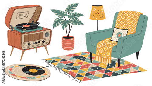 Retro interior decor elements with vintage armchair record player and plant on colorful rug perfect for designers