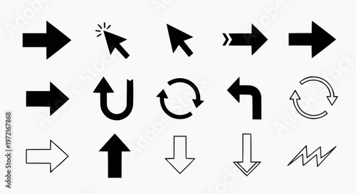 Modern Arrow Icon Set Vector – Simple Black Cursor and Directional Arrows Collection