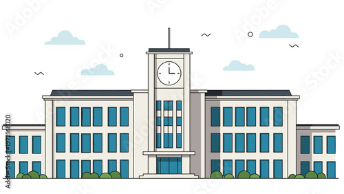 Modern school or university building architectural illustration featuring a central clock tower, many windows, and small bushes under a cloudy sky.