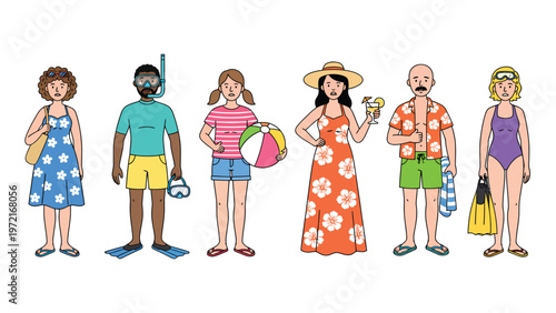 Diverse cartoon characters in summer beachwear with vacation accessories, ready for travel