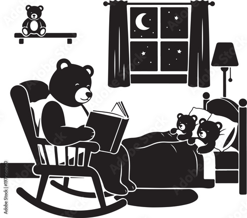 Silhouette of a bear reading to cub in bed, Generative Ai