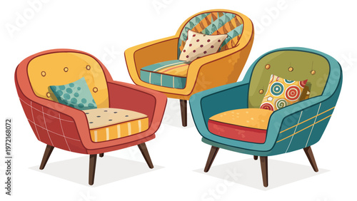 Vibrant mid century modern armchair collection in colorful hues with patterned cushions and pillows on white background