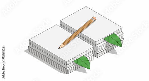 Isometric Illustration of Recycled Paper Stacks with Pencil and Green Leaves for Eco-Friendly Concept