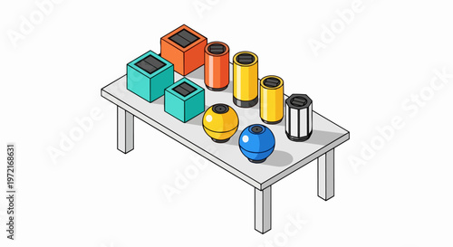 Isometric 3D Illustration of Colorful Solar-Powered Gadgets and Product Prototypes on a Table Isolated on White Background