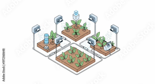 Isometric Smart Irrigation System and Automated Agriculture Technology Concept Illustration