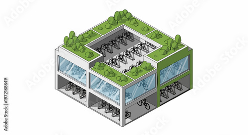 Sustainable Urban Multi-Story Bicycle Parking Garage with Green Roof, Isometric Illustration of Modern Eco-Friendly City Infrastructure