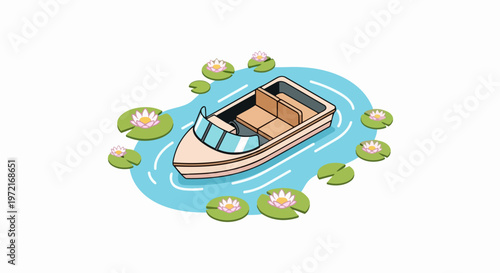 Isometric Speedboat in a Serene Pond with Water Lilies, Modern Motorboat Vector Illustration with Lotus Flowers on White Background