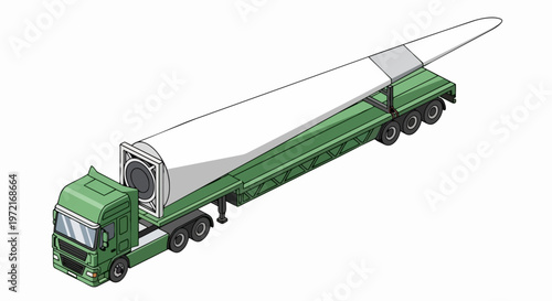 Heavy Duty Green Truck Transporting Wind Turbine Blade on Flatbed Trailer, Isometric Vector Illustration for Renewable Energy Logistics
