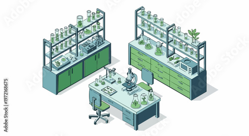 Isometric Plant Biotechnology Laboratory Illustration with Microscope and Research Equipment