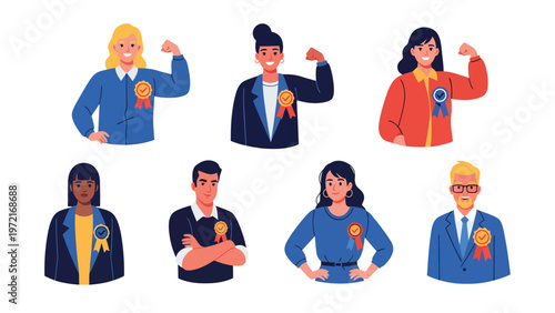 Confident Diverse Characters with Award Ribbons, Flat Illustration of Success and Achievement