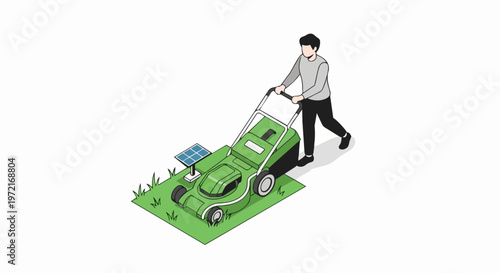 Isometric Illustration of a Man Using a Solar-Powered Lawn Mower for Sustainable Gardening