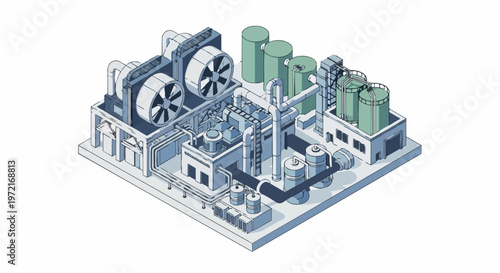 Isometric 3D Illustration of Industrial Factory Infrastructure with Cooling Systems, Storage Tanks, and Pipelines for Manufacturing and Energy Production