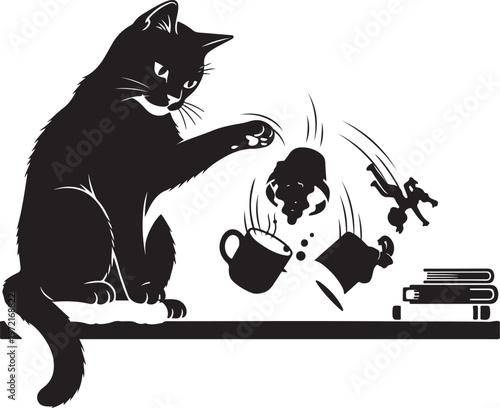 Mischievous cat silhouette causing chaos with falling objects, Generative Ai