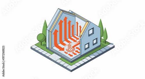 Modern Isometric House Illustration Showing Underfloor Heating System and Energy-Efficient Thermal Insulation with Heat Flow Arrows