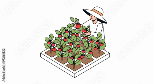 Woman Harvesting Fresh Tomatoes from an Organic Raised Garden Bed, Sustainable Gardening and Homegrown Food Concept Vector Illustration