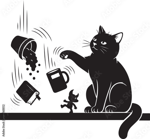 Mischievous silhouette cat causing chaos with spilled objects, Generative Ai
