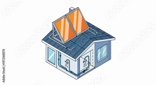 Isometric House Diagram Showing Solar Thermal Water Heating System with Roof Collectors and Bathroom Plumbing Connections