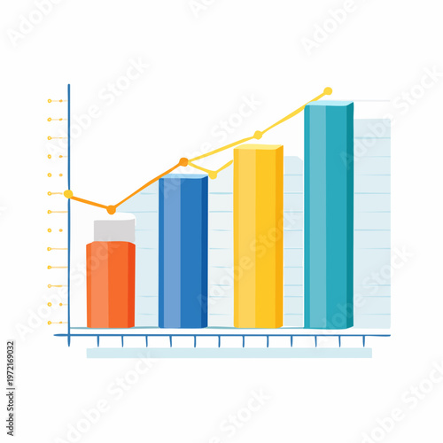 A colorful graph showing a fluctuating trend with a line and bars rising steadily upwards indicating growth.