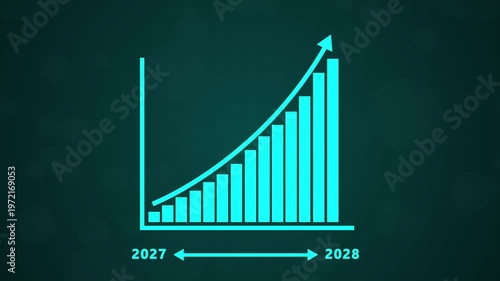 A conceptual business growth chart showing an upward trend from 2027 to 2028, with a cyan financial bar graph with upward arrows indicating economic success.