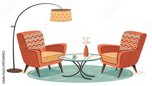 Retro 1950s lounge setup with armchairs coffee table and floor lamp on a rug vintage interior design