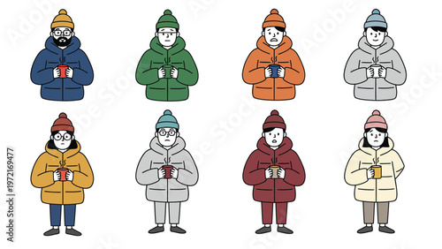 Diverse people in winter jackets and hats holding warm mugs. Flat vector illustration set for cold weather and comfort.