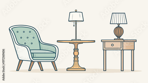 Vintage furniture icons in clean flat style including chair table and lamps on console for interior design and decoration concepts