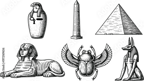 Hand drawn engraved ancient Egyptian culture collection with Sphinx, pyramid, winged scarab beetle, obelisk, Anubis god and canopic jar icons