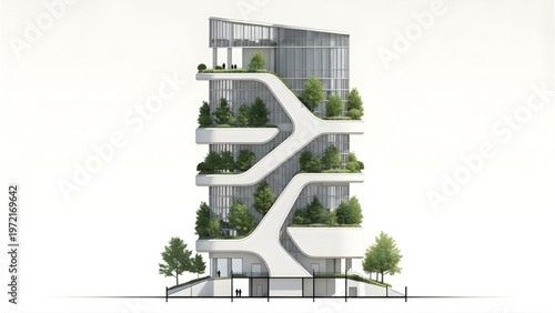 Futuristic Urban Tower CAD Side Elevation Green Rooftop Gardens Sustainable Materials White Background
