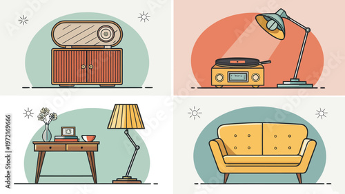 Modern retro home interior decor icons set with furniture and lamps in pastel colors
