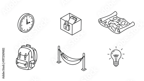 Travel and Adventure Isometric Line Icons Set with Time, Planning, and Idea Symbols. Backpack, Map, Clock, Hammock, Light Bulb.