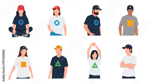 Diverse Casual People in T-shirts and Caps with Geometric Logos. Flat Vector Illustration.