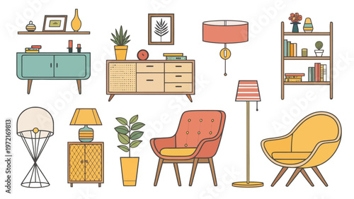 Mid century modern furniture icons set flat design home decor elements minimalist style