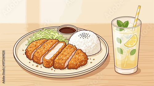 Illustration of a plate with fried chicken cutlet, rice, and vegetables on a table with refreshing lemon drink