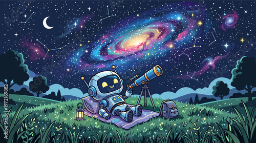 Robot gazes at galaxy and stars with telescope in a field at night