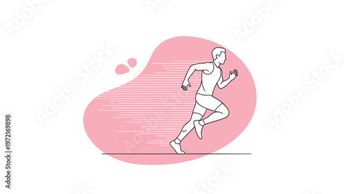 Athlete in a tank top and shorts running fast with motion lines behind him against a pink abstract liquid shape backdrop illustration.