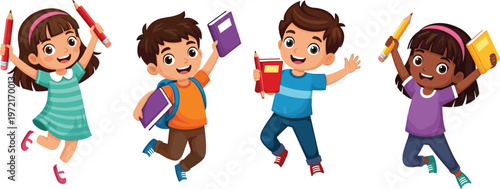 Happy diverse school children jumping with books and pencils, excited primary students celebrating education, back to school flat vector illustration