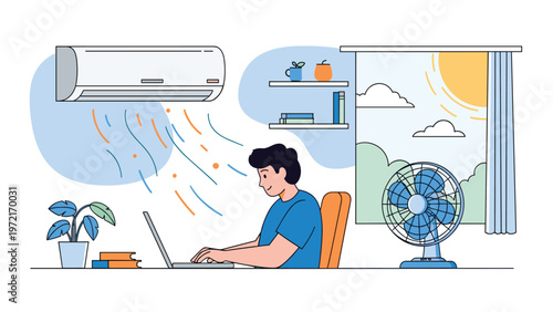 Man working on a laptop at his desk with both an air conditioner and an electric fan running to stay cool during a hot sunny day.