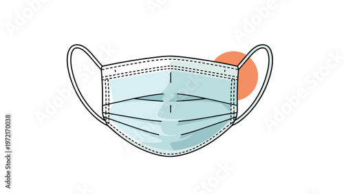 Detailed illustration of a light blue disposable medical face mask with ear loops against a white background with a single orange circle.