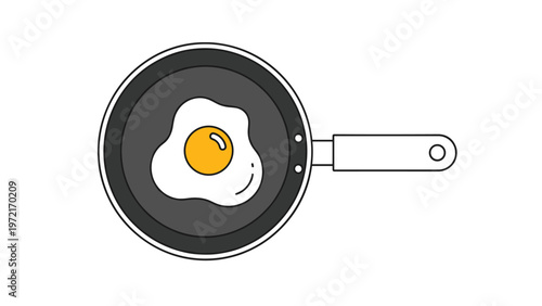Top view illustration of a single sunny side up fried egg cooking in a black frying pan with a light gray handle on white background.