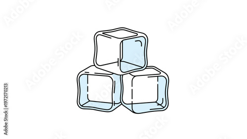 Three semi transparent light blue ice cubes stacked together in a pyramid shape on a plain white background for cool concepts.