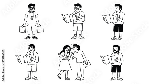 Black and White Line Art: Travelers with Maps, Navigating, and Asking for Directions