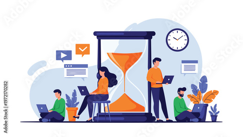 Group of professionals working on laptops around a giant hourglass representing time management and deadlines in business.