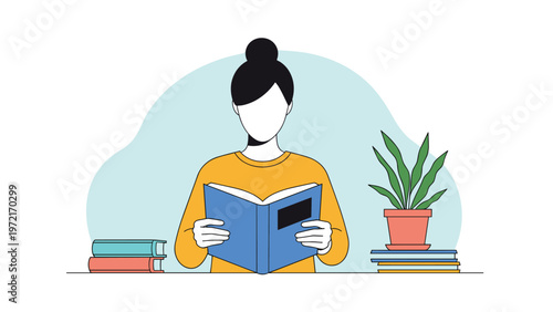 Illustration of a woman with her hair in a bun sitting at a desk and reading a blue book with several books and a plant nearby.