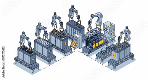 Isometric Automated Battery Recycling Factory with Robotic Arms and Conveyor Belts for Sustainable Energy Production and E-waste Management Illustration
