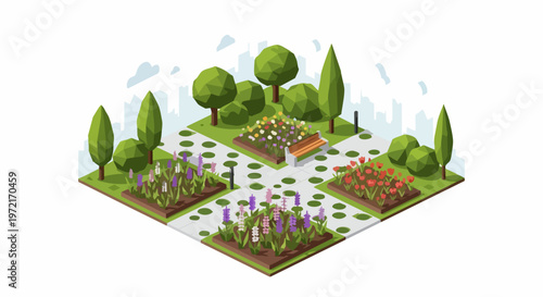 Isometric Low Poly City Park Illustration with Flower Beds, Trees and Park Bench